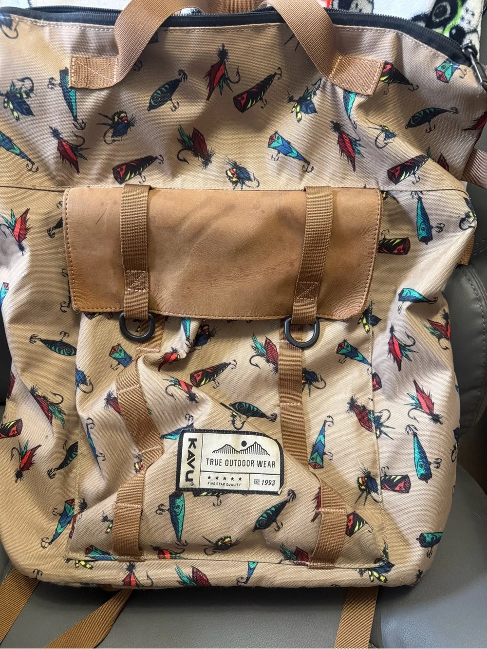 Kavu Tan Backpack with Multicolor Fishing Lure Print